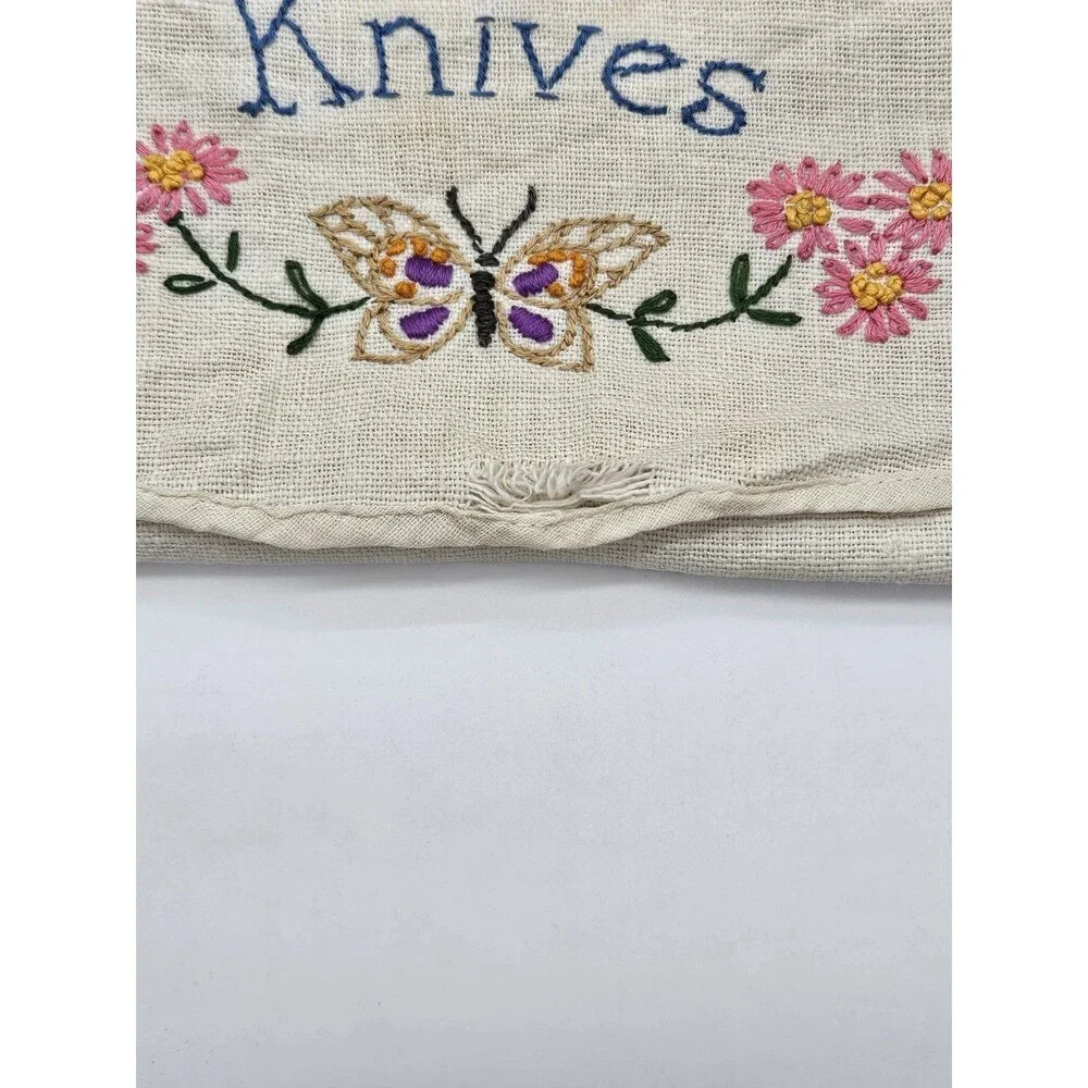 Vtg Cloth Tableware Holders Carriers Needlepoint Knives Tablespoons Set of 4